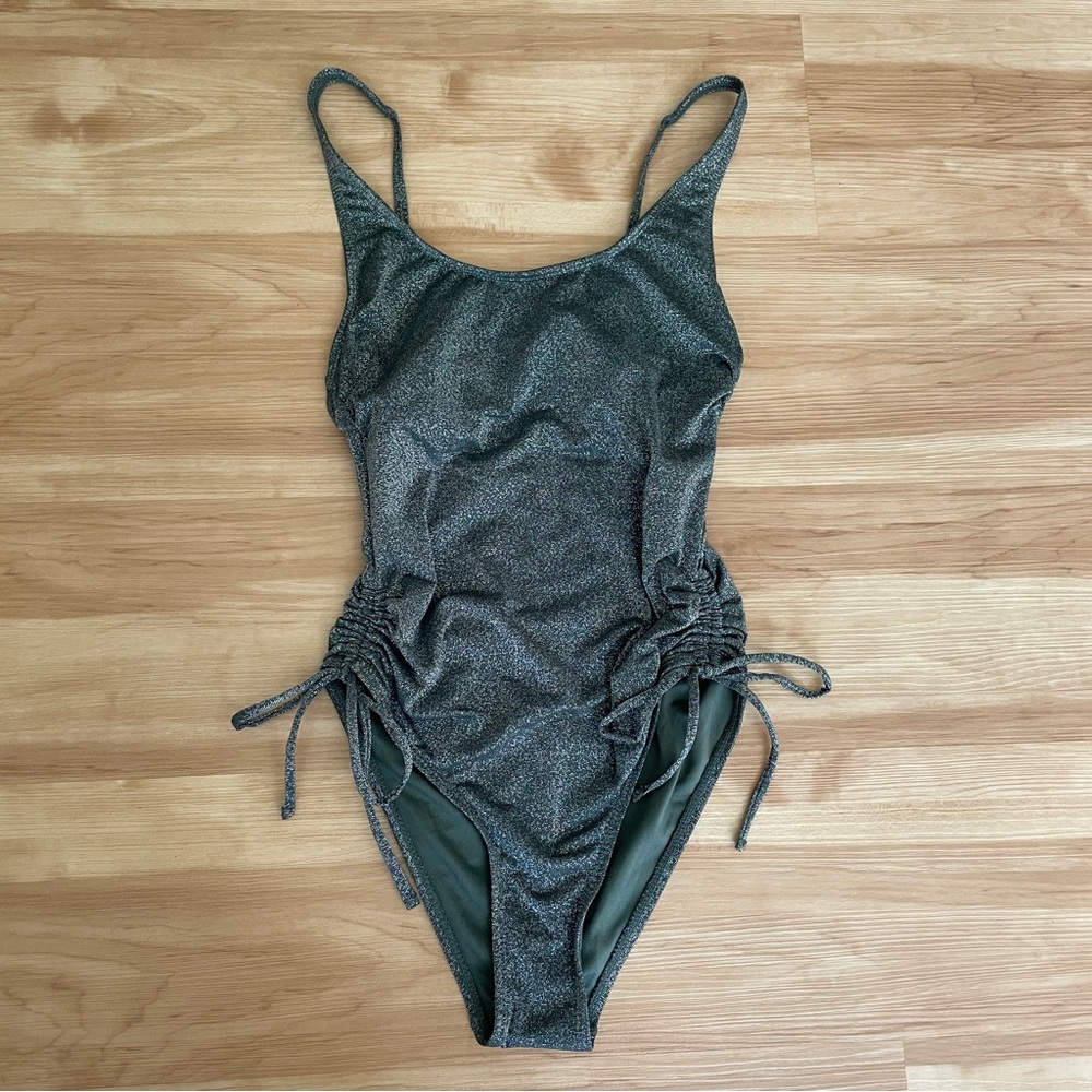 NWOT Xhilaration Metallic Olive Green Side-Cinch One Piece Swimsuit Women’s Sz S